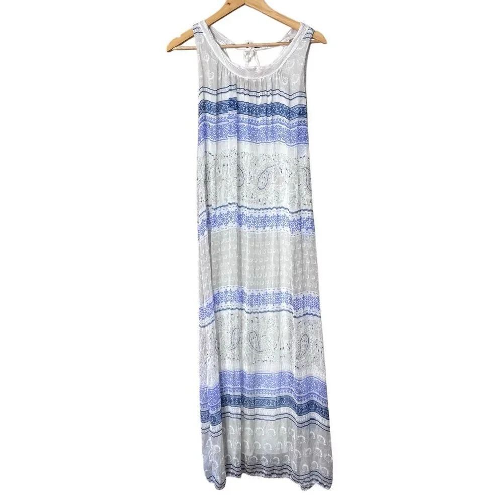 Scandal Made in Italy Silk/Viscose Layered Shift Dress paisley White and Blue Si